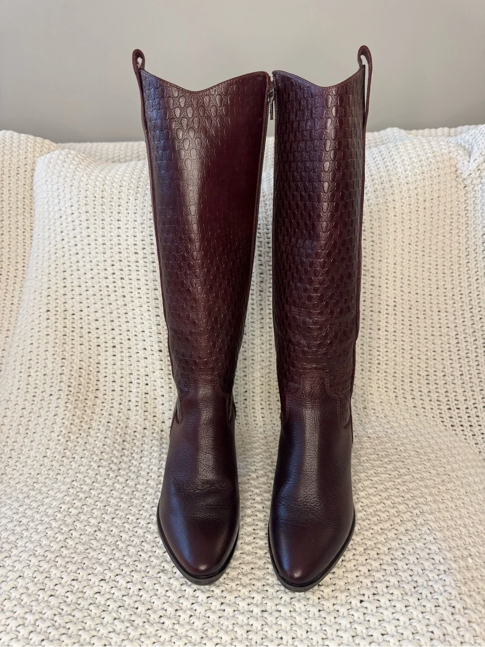 Piedrangular Burgundy Leather Croc Tall Boots Sz 7